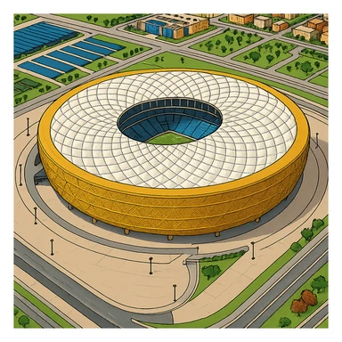 Изометричная, яркая, детализированная и фотореалистичная иллюстрация стадиона Lusail Stadium в стиле 3D-коллажей городов, насыщенные цвета, аккуратные и чёткие линии, мультяшно-реалистичная стилистика. Чёткие контуры, не размазанные линии, высокое качество, прозрачный фон, не обрезать края стадиона. sticker