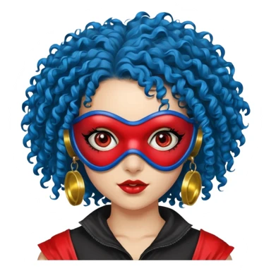 blue curly haired girl with huge earrings, wearing red paintball eye mask , only face  sticker