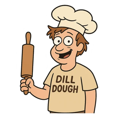 A cartoon guy named Dill Dough wearing a baker's hat, holding a rolling pin, friendly expression, light brown hair, whimsical and humorous. sticker