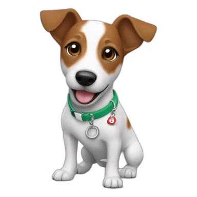 jack russel with a keychain that says” Kokos” sticker