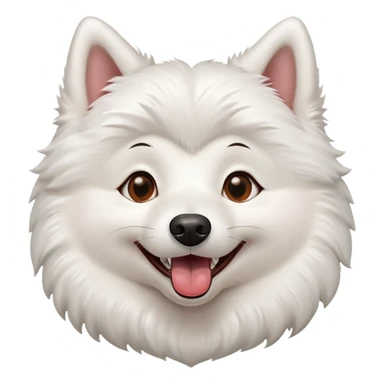 white American Eskimo dog with happy expression. mouth is open with tongue visible and tips of canine teeth visible. ruff is in a heart shape. eyes are almond shaped with brown eyes and black rimmed eyes. emoji depicts the head and ruff of the dog. dog is a girl  sticker