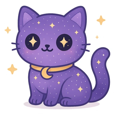 Remove the background, keep the adorable purple galaxy gothic cat with crescent moon collar and transparent background, no background visible. sticker