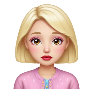 “Emoji girl, dewy skin, heavy blush across cheeks and nose bridge, glossy cherry lips, soft eyeliner, teary sparkling eyes, pastel cardigan.” sticker