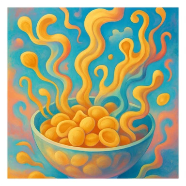 a surrealist interpretation of a bowl of orecchiette, with pasta morphing into abstract forms, playful and imaginative sticker