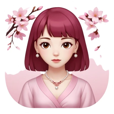 woman with pale skin, soft pink blushed cheeks, brown eyes, skinny eyebrows, dark red hair with bangs, hair is long under her shoulders, a sakura hairpin in one side, pearl necklace, makeup with light pink colours in douyin style, white shirt under a pink dress sticker