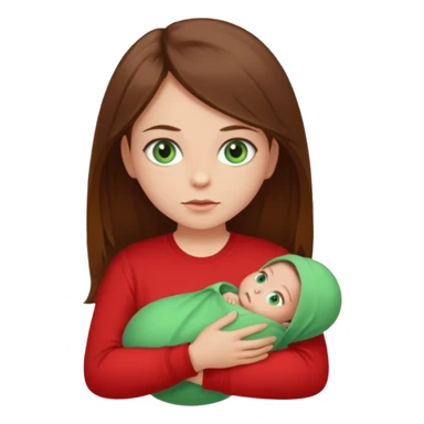 a girl with brown strait hair and has baby green eyes has a red t-shirt no baby sticker
