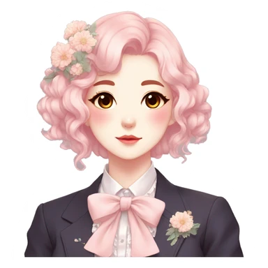 Gorgeous pastel anime style lady with blushing face and flowers and laces and bow ties and pretty hair aesthetic trending style sticker