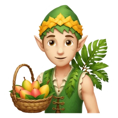 elf male Sleeveless vest with palm-leaf print, basket of exotic fruits (mango/lychee), sunburned nose. sticker