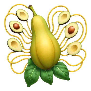 Golden banana, avocado, potatoes and spinach floating around a glowing nervous system and heart. Electrical waves connect these potassium-rich foods to nerves, heart and muscles, showing how potassium supports electrical stability and fluid movement in the body. sticker