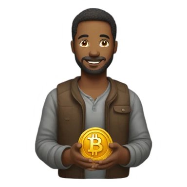 man holding bitcoin sticker
