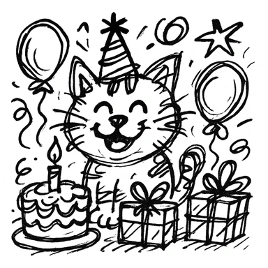 chaotic outlined icon of a ginger tabby kitten wearing a birthday hat, surrounded by a birthday cake, balloons, gifts, and a happy expression sticker