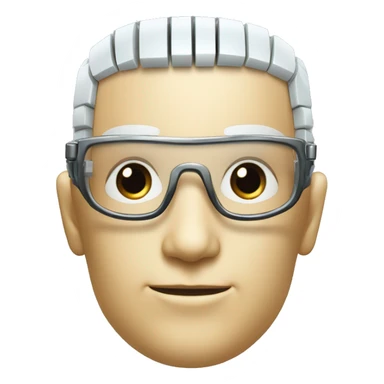 Robotic Cyborg head with fair skin, flat top haircut, rectangular glasses, circuits and smiling  sticker