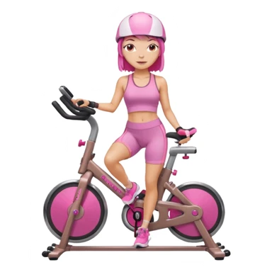 Light tan girl with a brown bob hat style with pink highlights in a pink workout set leaning on a indoor cycle bike, no helmet but add pink hair highlights  sticker