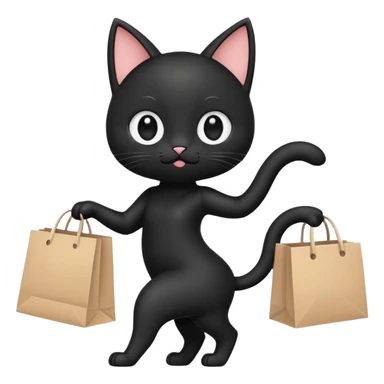 A cute chibi-style black cat emoji in side view like 🏃, running on two legs while holding a shopping bag. Short limbs, small body proportions (SD character style), round head, big expressive eyes, minimalist emoji design, soft colors, vector look. sticker