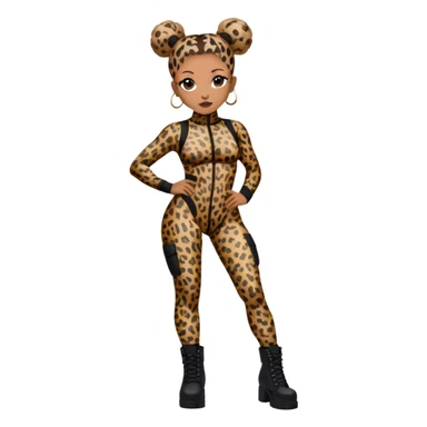 Melanie Brown with her hair in space buns and wearing a tight leopard print two piece bodysuit and black combat boots sticker