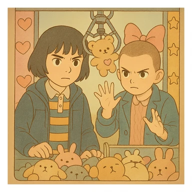Mike and Eleven from Stranger Things inside a claw machine filled with plush toys, in delicate Ghibli style with thick dark outlines, colored in pastel tones as per the reference examples. Variation 4: Mike serious, Eleven focused using powers. sticker