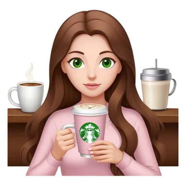 pretty woman with very long brown hair and green eyes and light pink outfit with a latte sticker