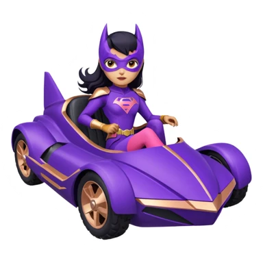 Hot full size real-appearance racing action BatGirl’s Lego feminine midnight-purple tight outfit sixty’s tv show 1992 stealth retro cat burglar sporty petite off-road pursuit hovering hover cruiser car rose gold accents (black hair,reclined and relaxed seating position and attitude) desert sticker