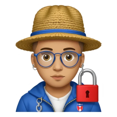 An emoji of Bad Bunny, the superstar from Puerto Rico. The singer. His hair is curly. He has a padlock beard. An an traditional boricua hat.  sticker