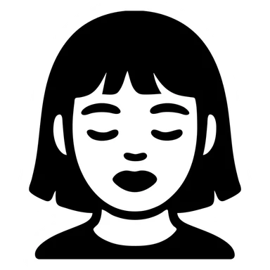 A young Asian woman with short, dark brown hair with bangs, neutral facial expression, closed eyes, vibrant red lips, light beige skin tone, close-up portrait, plain white background, cartoon-like and stylized, bright and saturated colors, even and flat lighting, neutral atmosphere, solid style. sticker