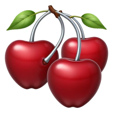 A pair of cherries emoji made of polished silver chrome, smooth rounded shapes, glossy metallic finish, soft highlights and reflections, cute proportions, iOS emoji style, centered, clean white background, no text sticker