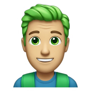 a man, green eyes, blue sweatshirt, green rubies on his head, waves hello sticker