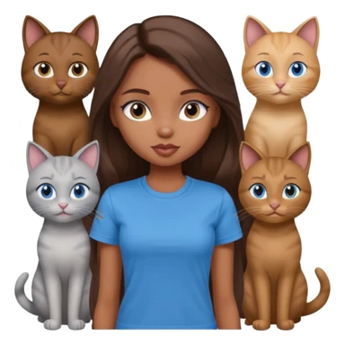 a pretty bratz dusky light skin girl with long brown hair, blue eyes with six cats nd wearing a grey tshirt sticker