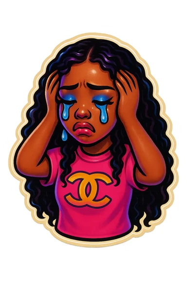 Crying Tears rolling down face 
Mouth Pout
hands on head 
pink chanel shirt 
head down
 sticker