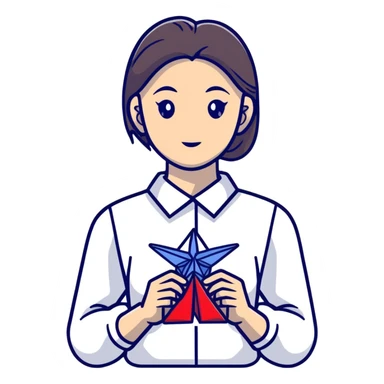 Ukrainian young girl in a white embroidered shirt holds an origami crane sticker