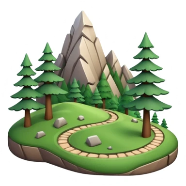 A 3D cartoon mountain trail winding up green slopes with stones and pine trees, distant peaks in background, warm daylight, Memoji-style.A 3D cartoon coiled climbing rope with a carabiner, golden color, resting on a rocky surface, realistic soft shadows, Memoji-style rendering. sticker