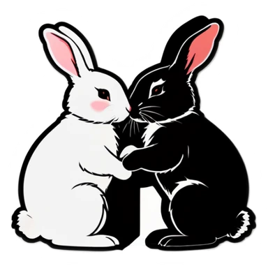 Black rabbit and white rabbit touching noses sticker
