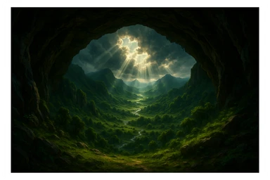 a cave mouth overlooking a lush valley, dramatic lighting, fantasy style sticker