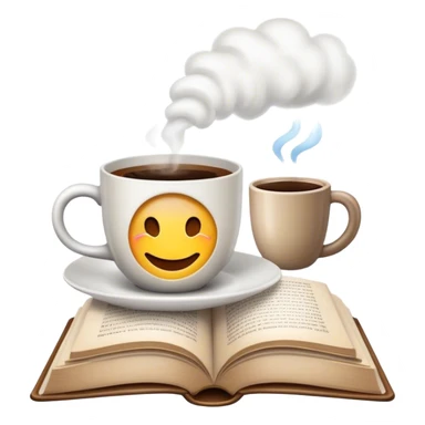 An emoji that combines a coffee cup and an open book. The coffee cup should be on the left side, with steam rising, and the book should be on the right side, with pages slightly turned. The overall vibe should feel cozy and inviting, perfect for a relaxed reading and coffee session. sticker