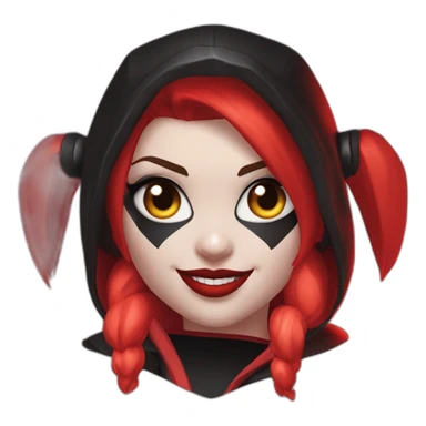 Harley Quinn with this style : Riot Games Valorant black red glowing bright red sparks character red black hooded hero themed character sticker