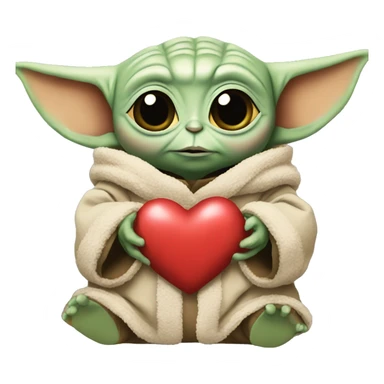 Baby Yoda holds a big plush heart sticker
