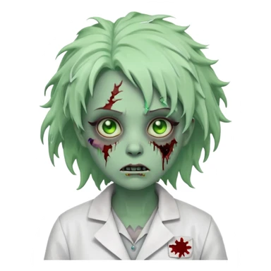 zombie scientist woman portrait, head and shoulders only, torn lab coat collar, pale green skin, stitched face details, glowing eerie eyes, messy hair, creepy but cute cartoon style, 3D cartoon, mobile game icon style, clean background, no text, no watermark
 sticker