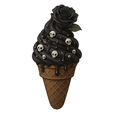 Gothic ice cream with black chocolate drizzle, tiny skull sprinkles, and a dark rose on top, no background, in a general style. sticker
