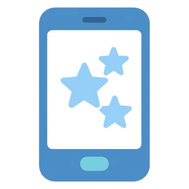 Smartphone icon with three stars, flat emoji style, outline with blue and turquoise colors, screen filled solid white sticker