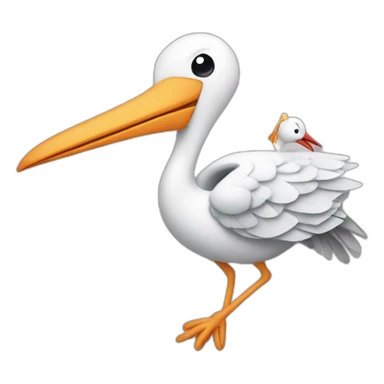 stork delivering baby boy in fabric held in its beak you can see the baby boys human face popping from the top of the fabric the stork is holding sticker