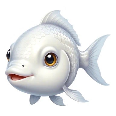 Cinematic Cute White Goldfish Portrait Emoji, Head tilted playfully and inquisitively, featuring a glossy, pure white body with delicate, shimmering scales and round, sparkling pale eyes filled with curiosity, Simplified yet irresistibly adorable features, highly detailed, glowing with a warm, friendly glow, high shine, affectionate and lively, stylized with a touch of whimsy, bright and endearing, soft glowing outline, capturing the essence of a mischievous yet loving goldfish, so playful it feels like it could swim out of the screen and into your heart! sticker