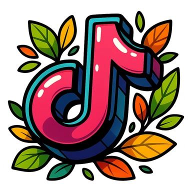chunky, playful TikTok logo, vibrant toon style, bold cartoon outline, dramatic shadows, glossy highlights, surrounded by bright leaves, no background sticker