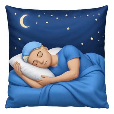 A young muscular male with short dark-blonde hair and medium-light skin, wearing blue cloth. He sleeps on his side, holding a soft white pillow, his head on a smooth blue pillow. A sleeping symbol floats above him in the dark, nighttime scene. A flowing blue blanket with silky folds covers him. sticker