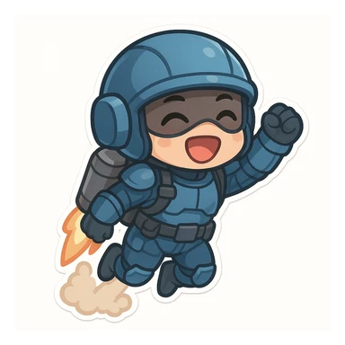 chibi sticker of a sci-fi soldier in a mostly blue uniform, jumping with a jetpack, excited expression, white background sticker