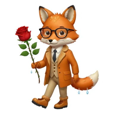 a fox with glasses, walking with shoes on and raining on him, also a dead rose in his hands and he's sad sticker