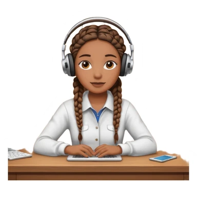 realistic brown skinned female with braids sitting at a desk with headphones on sticker
