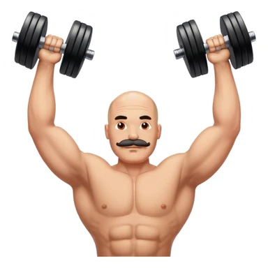 Bald man with mustache peeking around a big strong man overhead pressing dumbbells sticker