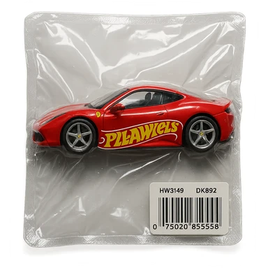 red Ferrari in Hot Wheels packaging, 'PLAVLEYS' written on the side in dynamic racing font, glossy, vacuum-sealed style sticker