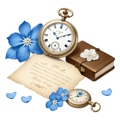 An elegant still life of a vintage pocket watch with an engraved case, lying next to a faded love letter sealed with a pearl wax stamp, surrounded by delicate white and blue floral petals.
 sticker
