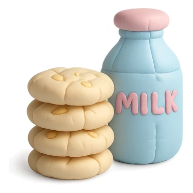 a cushion style stack of cookies next to a bottle of milk, cozy and rounded, pastel colors sticker