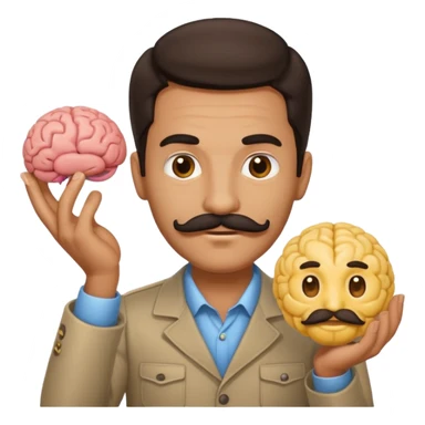 mustachioed man with dark hair holding a brain as an emoji no curl to mustache  sticker